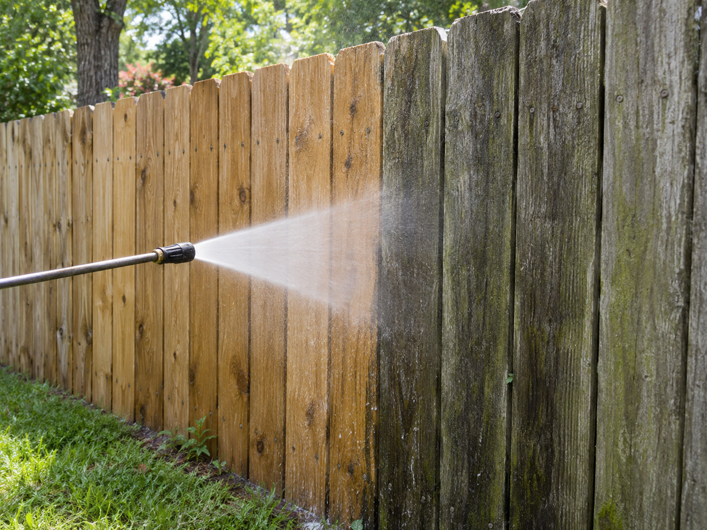 Pressure washing a weathered wood fence.