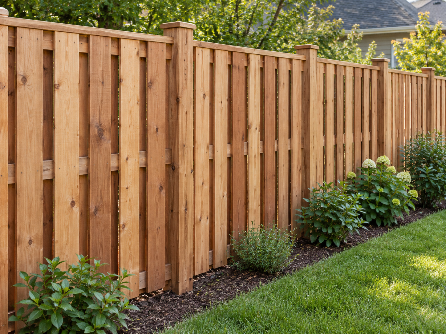 Alternating wood boards on a shadow box fence.